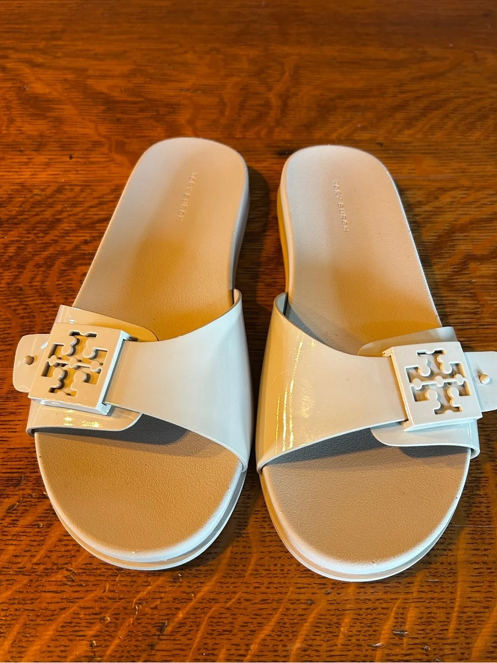 Tory Burch Cream Patent Logo Buckle Slide Sandals